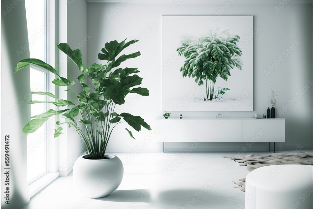 Poster a plant in a white vase in a white room with a large window and a painting on the wall behind it tha