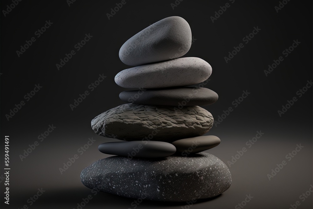 Poster  a stack of rocks with a black background and a black background with a white dot on the top of it and a black background with a white dot on the bottom of the top of the rocks., generative ai