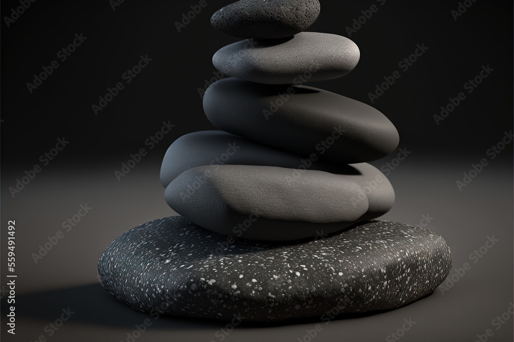 Poster a stack of rocks sitting on top of a black surface with a black background and a white dot on the to