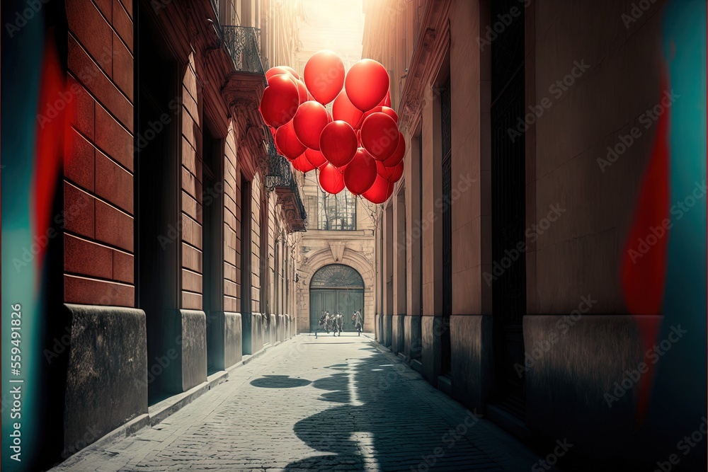 Poster a group of red balloons floating in the air over a street lined with buildings and a red brick wall 