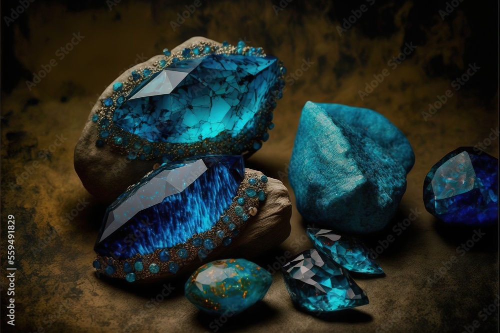 Poster a group of blue crystals sitting on top of a table next to each other on a table top next to a rock 