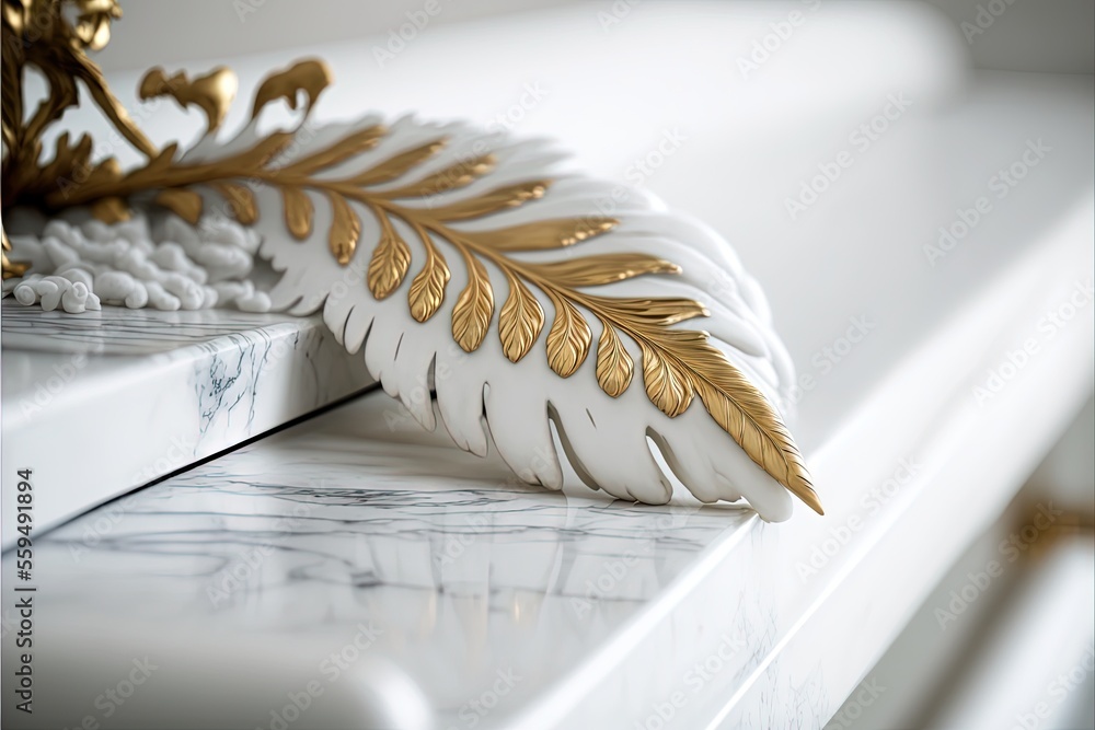 Poster a white and gold leaf on a marble counter top with a gold leaf on the edge of the counter top and a 