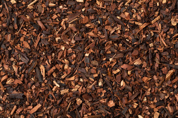Dried Honeybush tea leaves from South Africa close up full frame as background