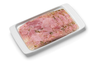  Dish with sliced Greman head cheese, Schinkensulze,  close up isolated on white background