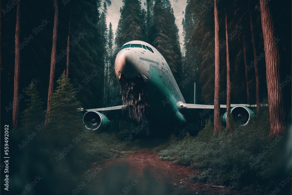 Poster a large airplane is parked in the middle of a forest with tall trees on either side of it and a path