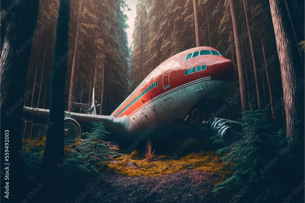Poster a large airplane sitting in the middle of a forest with trees around it and a man standing next to i