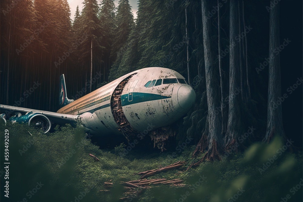 Aufkleber a large airplane sitting in the middle of a forest with a ladder on it's side and a plane on the gro