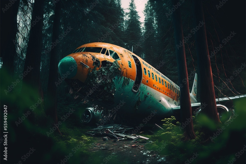 Poster an old airplane sitting in the middle of a forest with trees in the background and a broken down sec