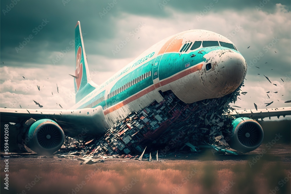 Poster a large airplane that is sitting on the ground with it's wheels down and debris all over it and bird