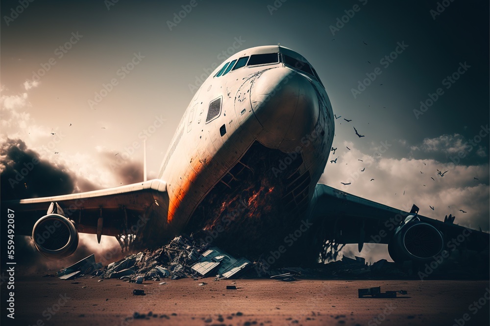 Poster a large airplane is on the ground with debris around it and birds flying around it in the sky above 