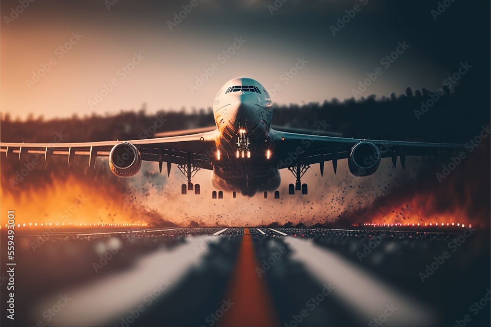 Poster a large jetliner flying through a cloudy sky over a runway at night with a fire on the ground below 