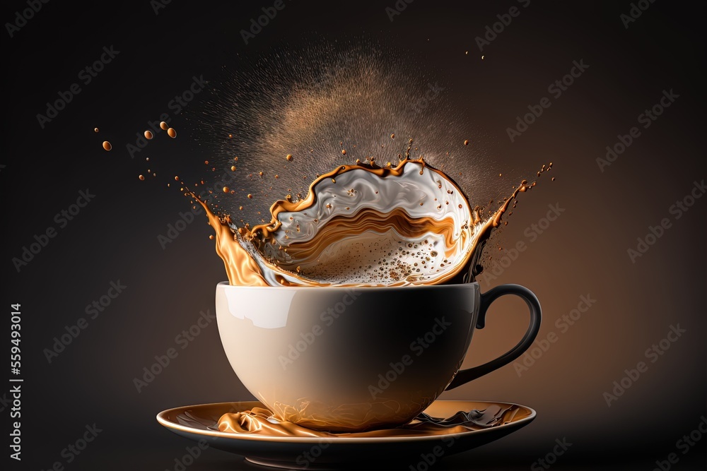 Poster a cup of coffee with a splash of liquid in it on a saucer on a black background with a black backgro