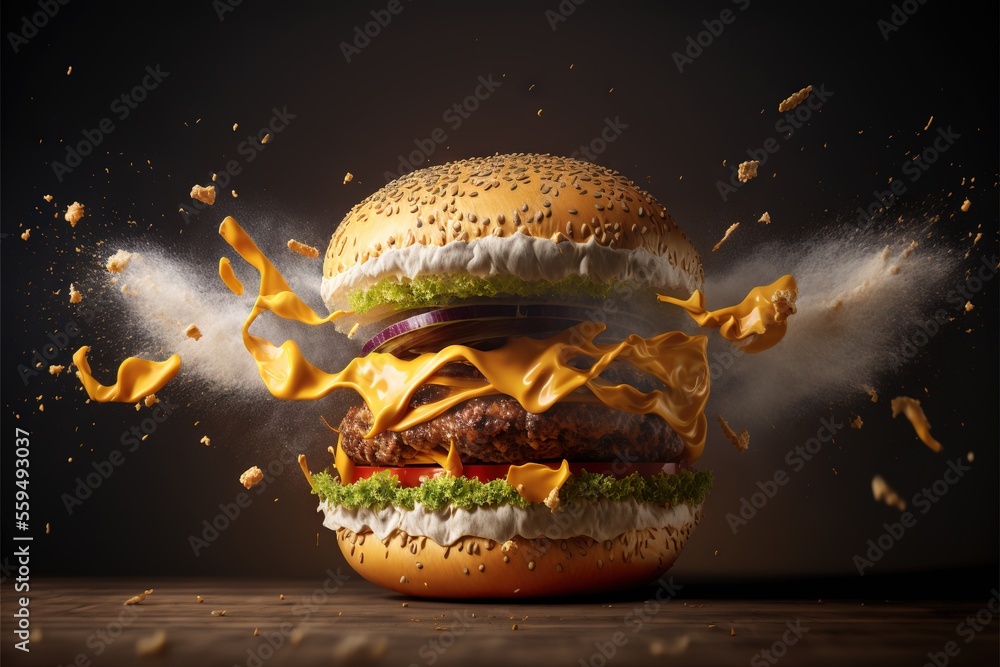 Poster a hamburger with a lot of mustard and ketchup on it is exploding up into the air and falling down on