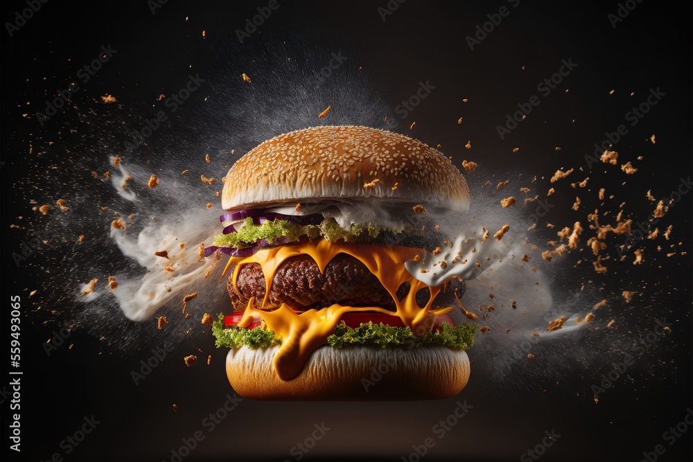Poster a hamburger with a lot of cheese and other ingredients falling out of it and flying around it on a b