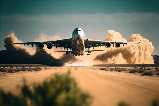  a large jetliner flying through a cloudy sky over a desert landscape with a jetliner in the foreground and a plume of smoke behind it, on a dirt road, dirt,., generative ai
