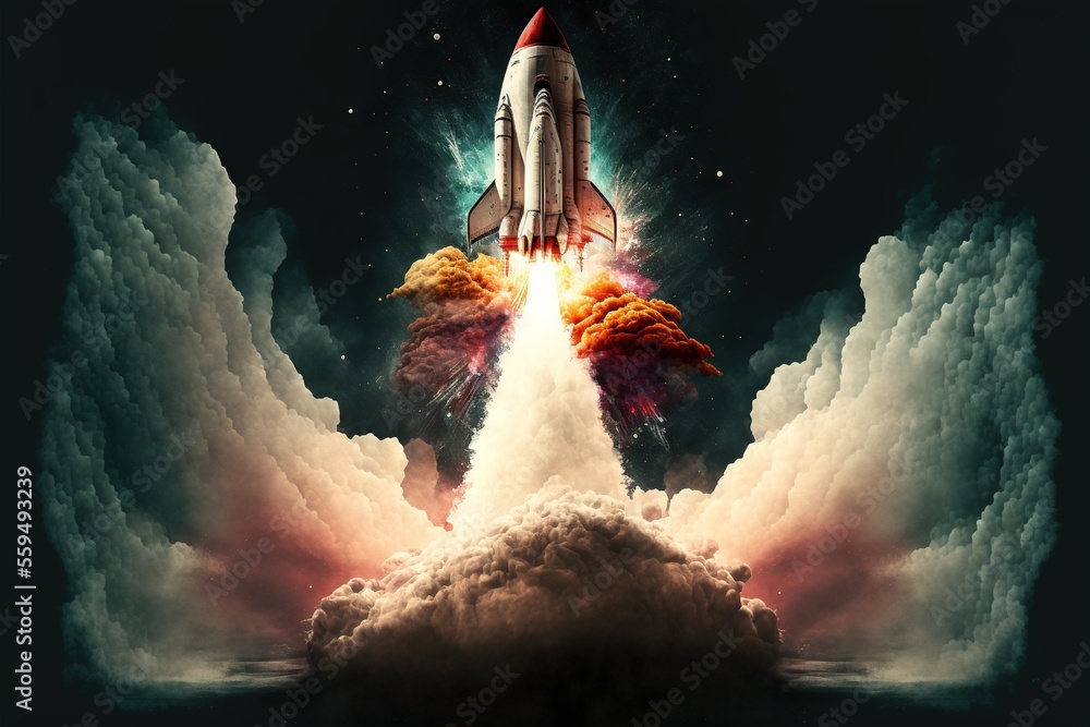 Poster a space shuttle is flying through the sky above clouds and clouds, with a rocket in the center of th