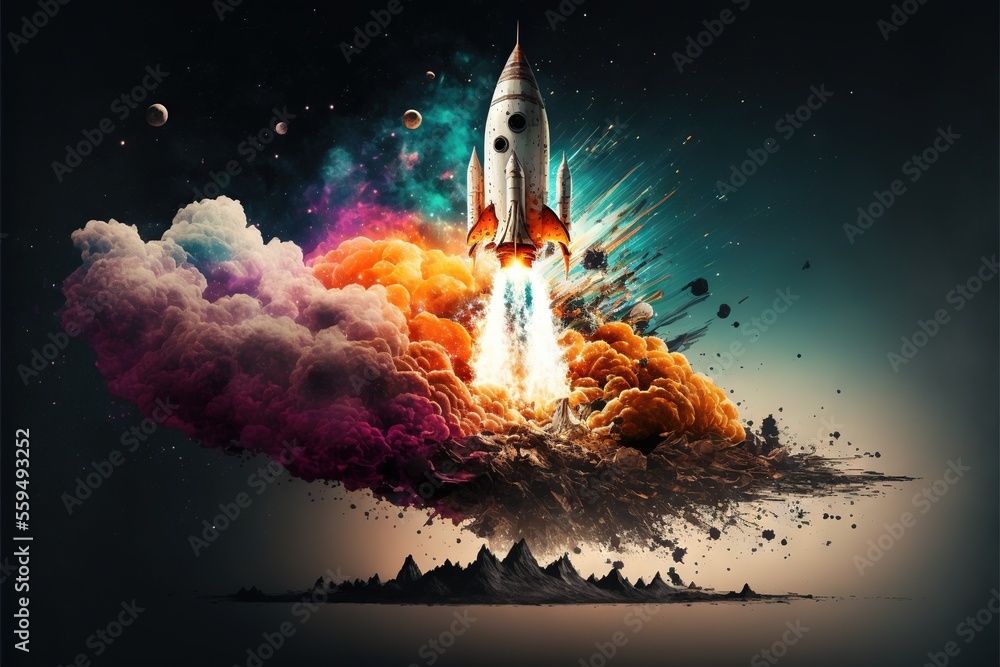 Poster a rocket is flying through the sky with colorful smoke and clouds around it and a mountain in the ba