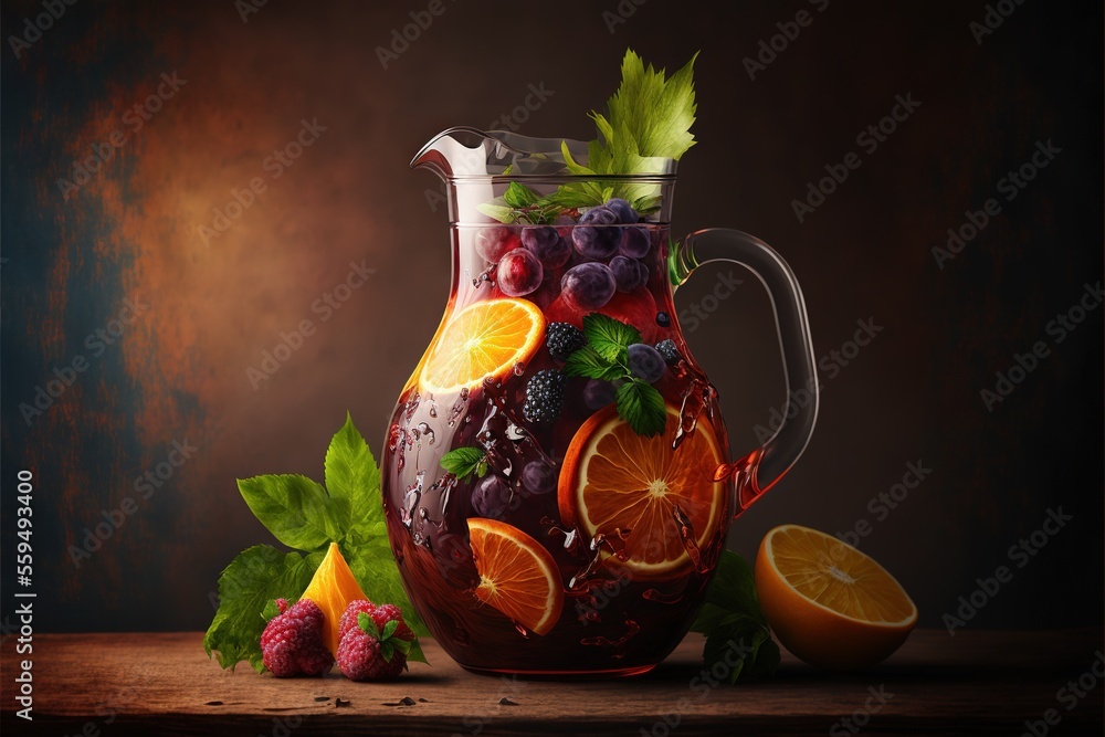 Poster a pitcher of fruit and berries on a table with leaves and berries on the table next to it, and a few