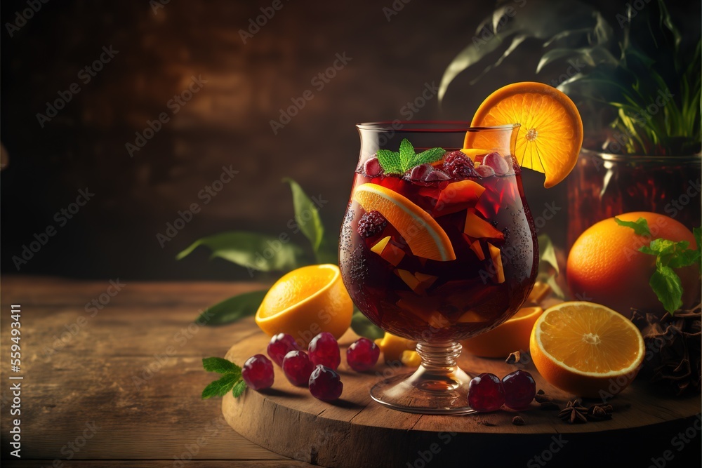 Poster a glass of wine with oranges and cherries on a table with a vase of oranges and a pitcher of wine in