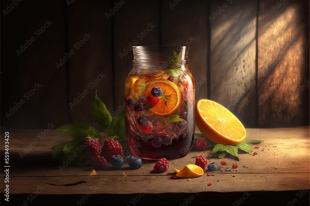 Poster a jar filled with fruit and a slice of orange next to it on a table with leaves and berries on it an