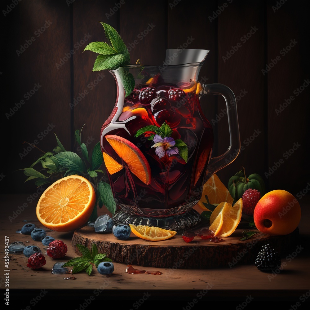 Poster a painting of a pitcher of fruit and berries on a table with a slice of orange and a blackberry on t