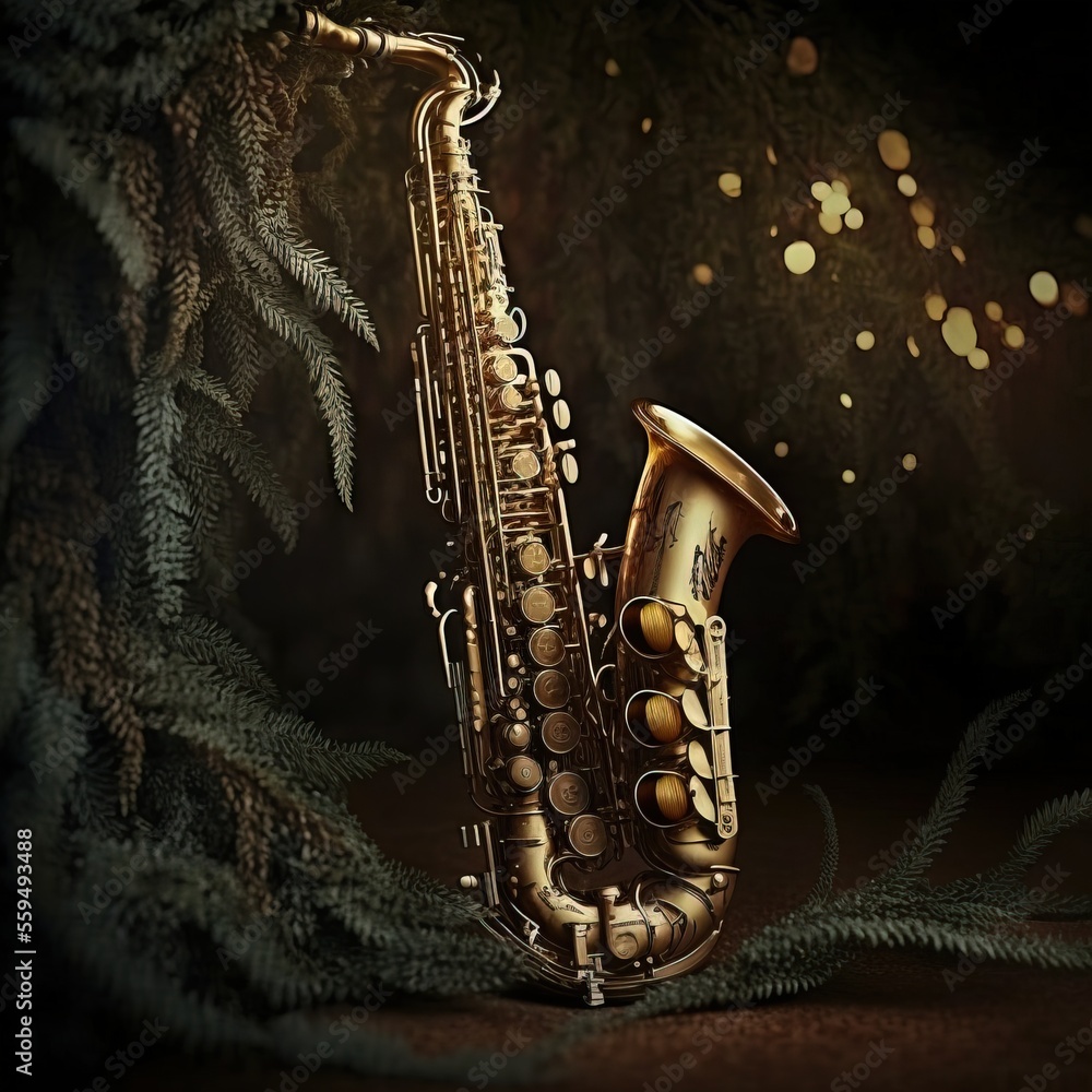 Poster a saxophone sitting on top of a wooden floor next to a forest filled with trees and leaves, with a l