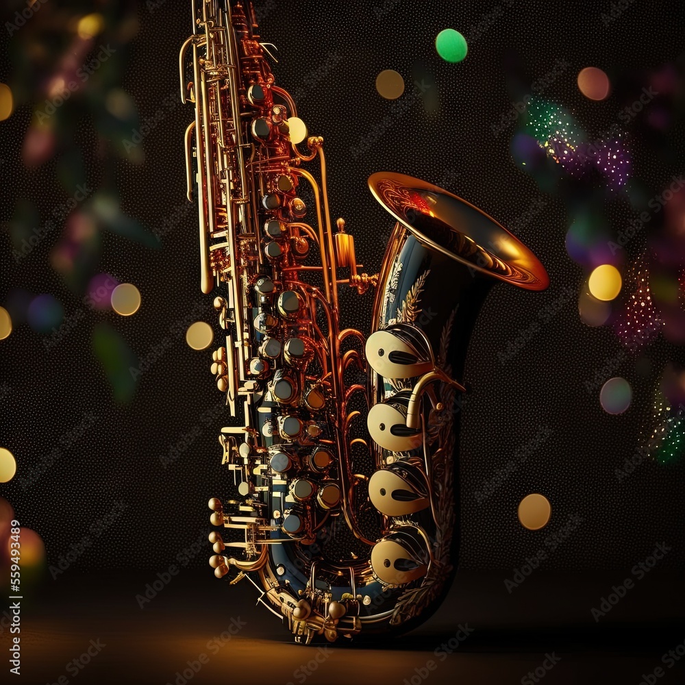 Poster a saxophone with a black and gold case and a black background with colorful lights and bokems in the
