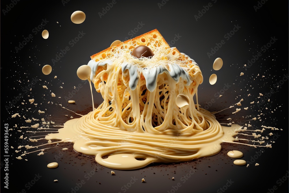 Poster a piece of cake with a chocolate center surrounded by melted cheese and other toppings on a black ba