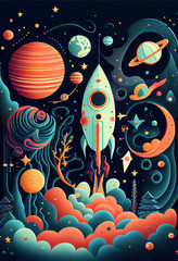 Beautiful Space Planets And Rockets Pattern. Illustrator Generative AI