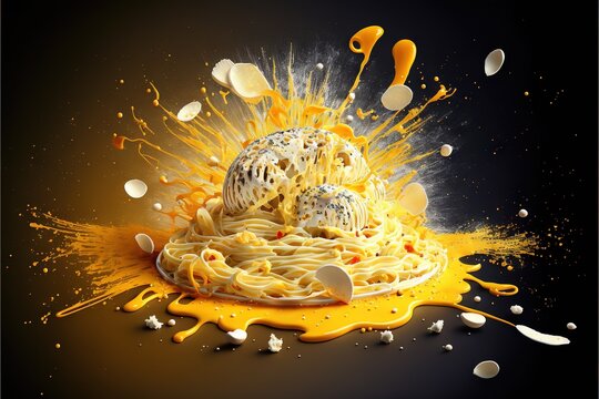  a pasta dish with yellow sauce and white cheese sprinkles and a black background with white and yellow sprinkles and a black background with white and yellow sprinkles., generative ai