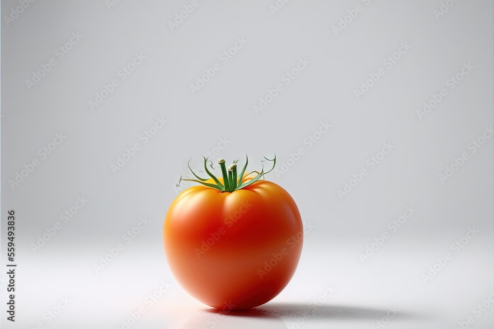 Poster a tomato with a green stem on a white surface with a shadow on the ground and a gray background behi