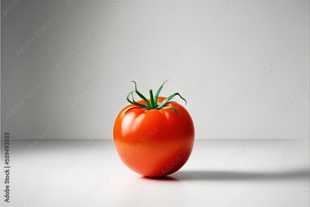 Poster a tomato with a green stem on a white surface with a shadow of a wall behind it and a white backgrou