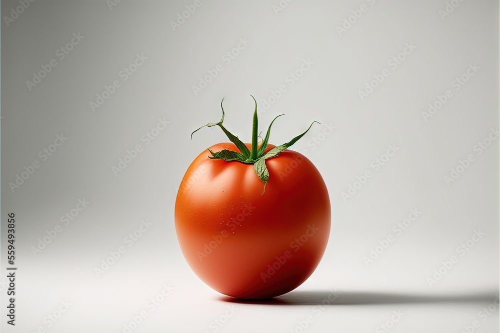 Poster a tomato with a green stem on a white background with a shadow of the tomato on the ground and a gra