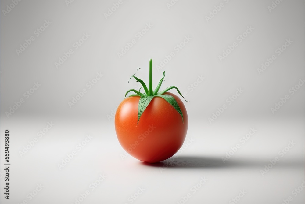 Poster a tomato with a green stem on a white surface with a shadow on the ground behind it and a gray backg