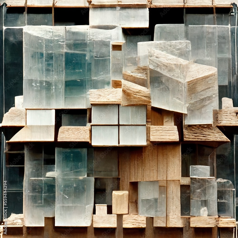 Poster a large stack of wooden boxes stacked on top of each other on a pallet of wood planks in front of a 