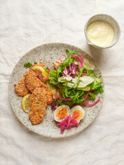 Crispy fried chicken with fresh salad