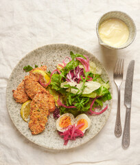 Crispy fried chicken with fresh salad