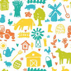 Vector pattern of agriculture and animals, hand-drawn in doodle style