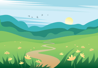 Beautiful landscape in summer with fields, forests, flowers and birds against a blue sky. Vector illustration of nature