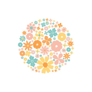 Pastel cute flower element in circle shape set for decoration of valentine or wedding card