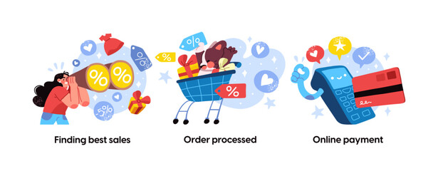 Online shopping and E-commerce concept set. Sale, orders, online payment, delivery, loyalty program. Visual stories collection