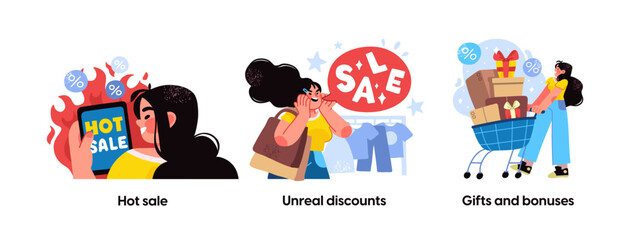 Online shopping and E-commerce concept set. Sale, orders, online payment, delivery, loyalty program. Visual stories collection