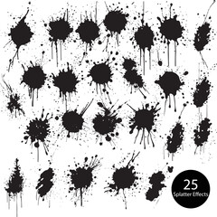 Set of ink drops and splash vector paint, black splatter effects, lots of stains, suitable for latest collection.