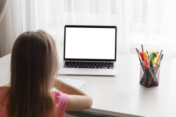 school at home through online homeschooling. the child is sitting at the computer