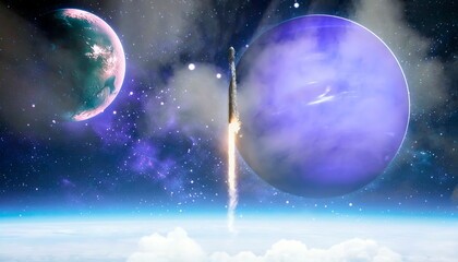 Shuttle launch in the clouds to outer space. Dark space with stars on background.Spaceship flight. Elements of this image furnished by NASA