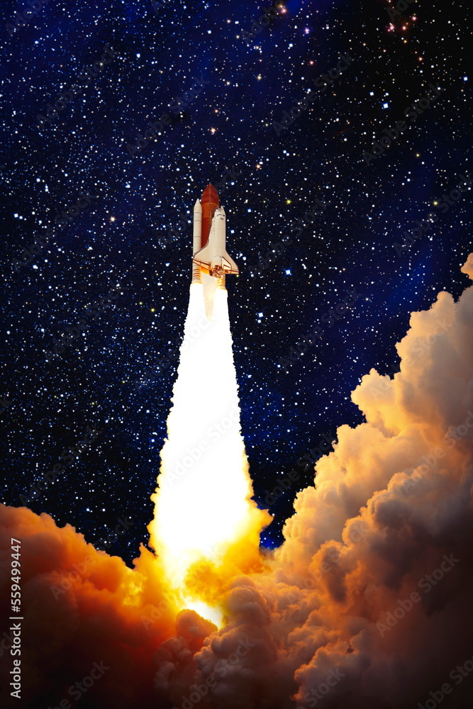 Wall mural shuttle launch in the clouds to outer space. dark space with stars on background.spaceship flight. e
