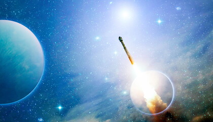 Shuttle launch in the clouds to outer space. Dark space with stars on background.Spaceship flight. Elements of this image furnished by NASA