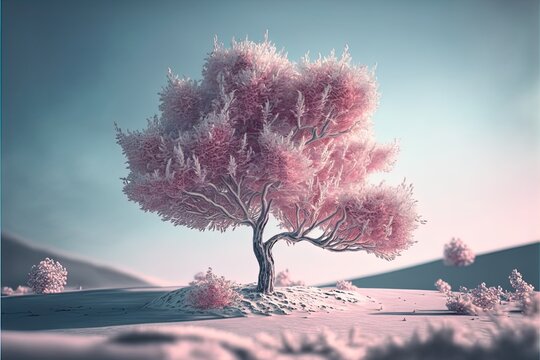 Lonely frozen tree with pink leafs standing in winter landscape.
