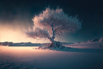 Lonely frozen tree with pink leafs standing in winter landscape.
