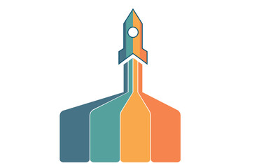 Startup infographic data template. 4 positions. Isolated. Launching rocket and colorful stripes with place for text
